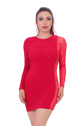 Kadın Dantel Detaylı Süper Mini Elbise Kırmızı