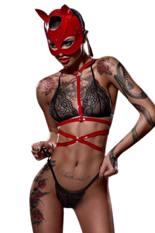 Kadın Kırmızı Kedi Maskeli Deri Harness Seksi Fantezi Gece Kostümü - 1