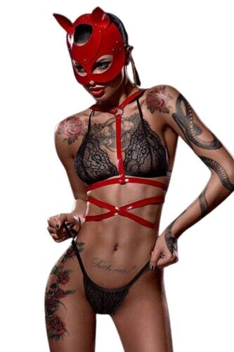 Kadın Kırmızı Kedi Maskeli Deri Harness Seksi Fantezi Gece Kostümü - 2