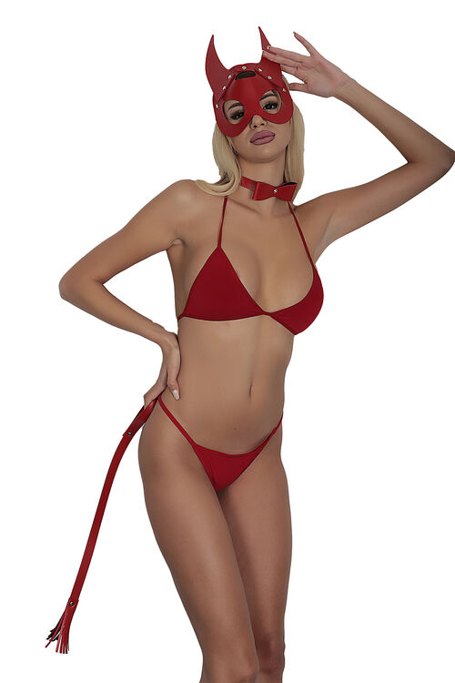 Kadın Kırmızı Şeytan Maskeli Deri 3'lü Harness Set Takım - 3
