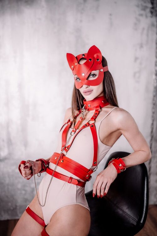 Kadın Kırmızı Tasma ve Maske Detaylı Bel Kemerli Seksi Fantezi Aksesuar Set - 1