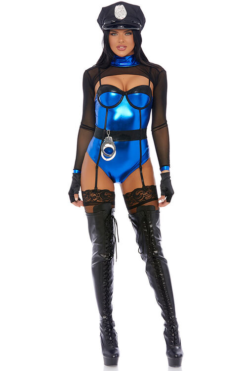 Kadın Mavi Deri Polis Fantezi Kostüm - 1